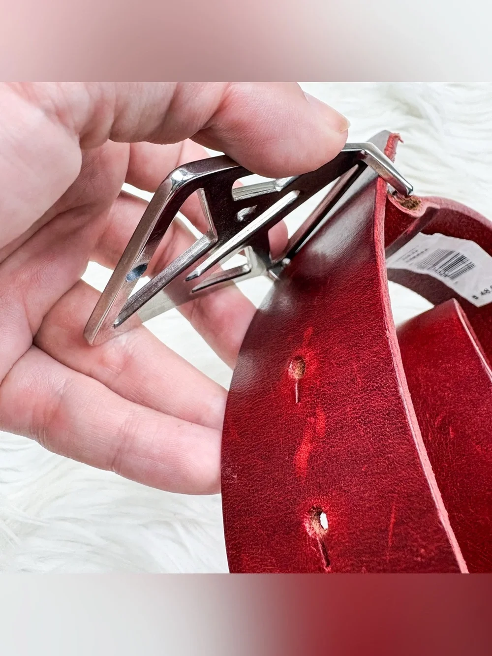 Armani Exchange Red Leather Belt Silver Logo Buckle Hardware AS IS